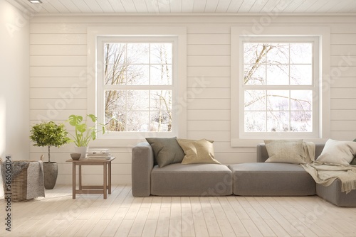 White living room with sofa and winter landscape in window. Scandinavian interior design. 3D illustration