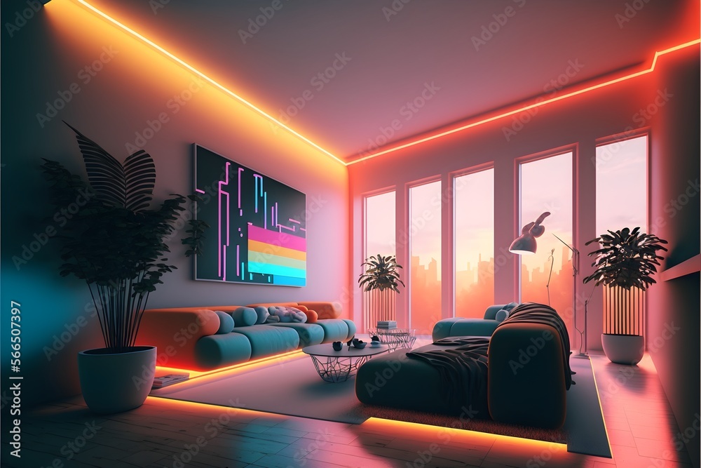 Modern Living Room With Neon Led Light, Generative Ai, High Ceiling, And  Warm Colorful Led Sign Light As The Wall Blends In With The Furniture'S  Design. Stock Illustration | Adobe Stock