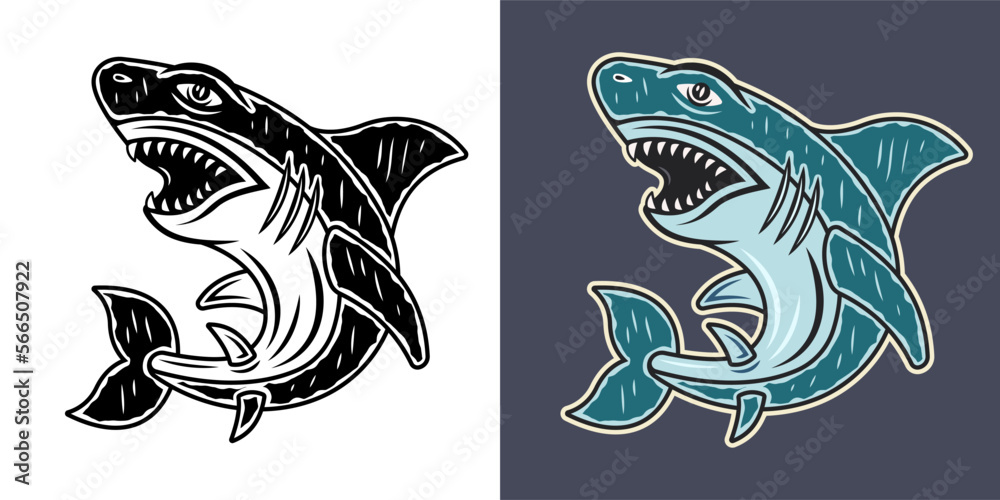 Naklejka premium Shark in two styles monochrome on white and colorful on grey background vector illustration