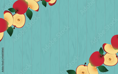 青い木目にりんごを配置した背景・フレーム