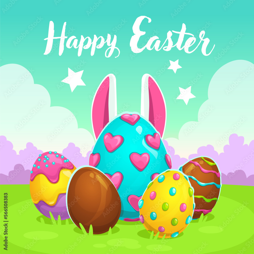 Happy Easter greeting card in cartoon style.