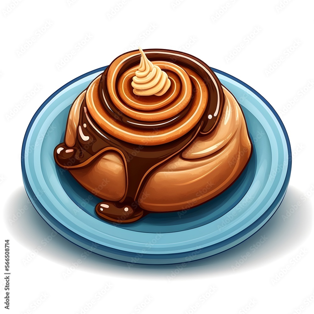 cartoon illustration of a delicious cinnamon bun on a plate as a dessert cartoon illustration of a delicious cinnamon bun on a plate as a dessert