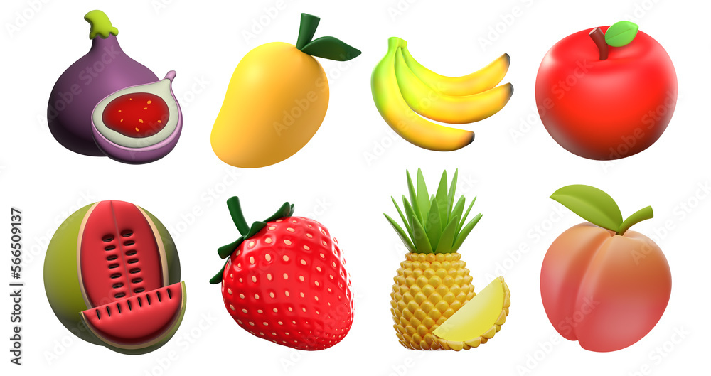 Realistic Detailed 3d fruits icon set. Apple, Pineapple, Banana, Olive, Strawberry, watermelon, peach, and Mango 3d illustration Realistic Detailed 3d fruits icon set. Apple, Pineapple, Banana, Olive, Strawberry, watermelon, peach, and Mango 3d illustration