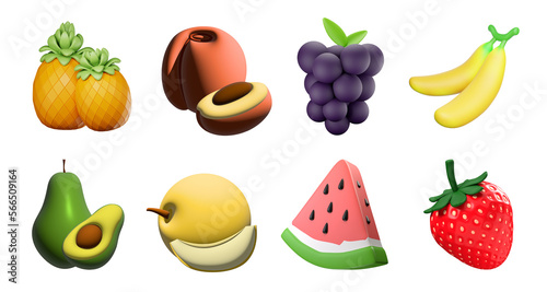 Fototapeta Naklejka Na Ścianę i Meble -  Realistic Detailed 3d fruits icon set. Grapes, Pineapple, Banana, Pear, Strawberry, watermelon, peach, and Melon 3d illustration