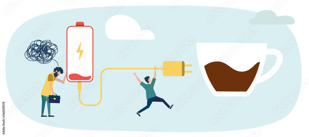 Vector illustration concept of fatigue from work. Burnout at work. The need for additional energy from coffee. Motivation for work. Coffee energy. Vector illustration concept of fatigue from work. Burnout at work. The need for additional energy from coffee. Motivation for work. Coffee energy.