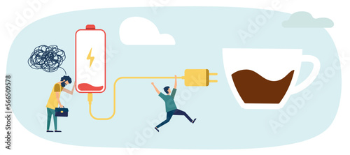 Vector illustration concept of fatigue from work. Burnout at work. The need for additional energy from coffee. Motivation for work. Coffee energy.