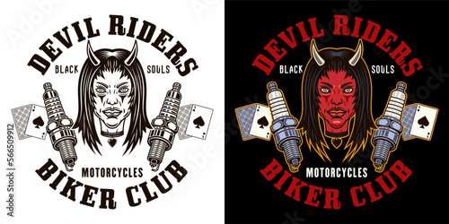 Biker club vector emblem, logo, badge, label, sticker or print with devil girl head and spark plugs. Illustration in two styles black on white and colorful on dark background