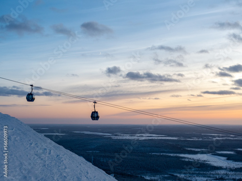 Ski lift gondola during sunset in Levi, Kittilä, Lapland, Finland