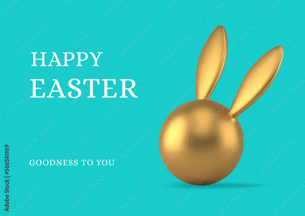 Obraz premium Happy Easter modern greeting card 3d bunny golden bauble premium design template realistic vector