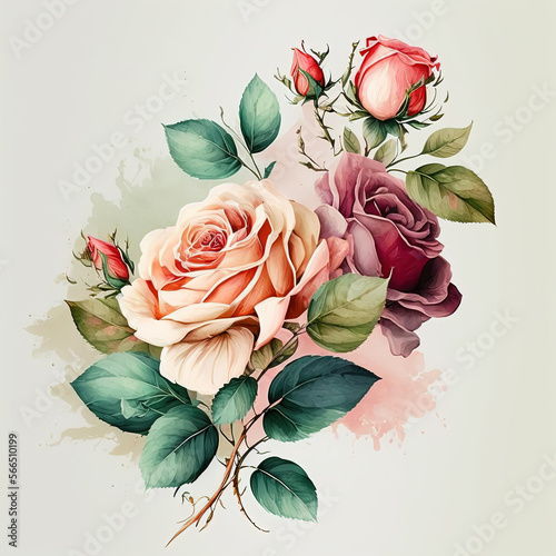 Watercolor roses illustration. Wedding invitation. Flower art print. Ai generated