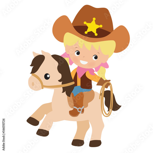 Cowgirl on a horse with a lasso vector cartoon illustration