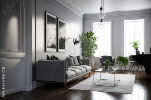 Living Room  Interior Design  Urban Oasis  Series   White walls with light stained hardwood flooring  urban inspired furnishings with metallic accents. Generative AI 