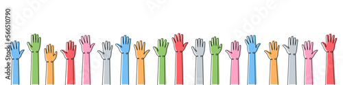 Hands raised up one line colored continuous drawing. Public opinion, user feedback continuous colorful one line illustration.