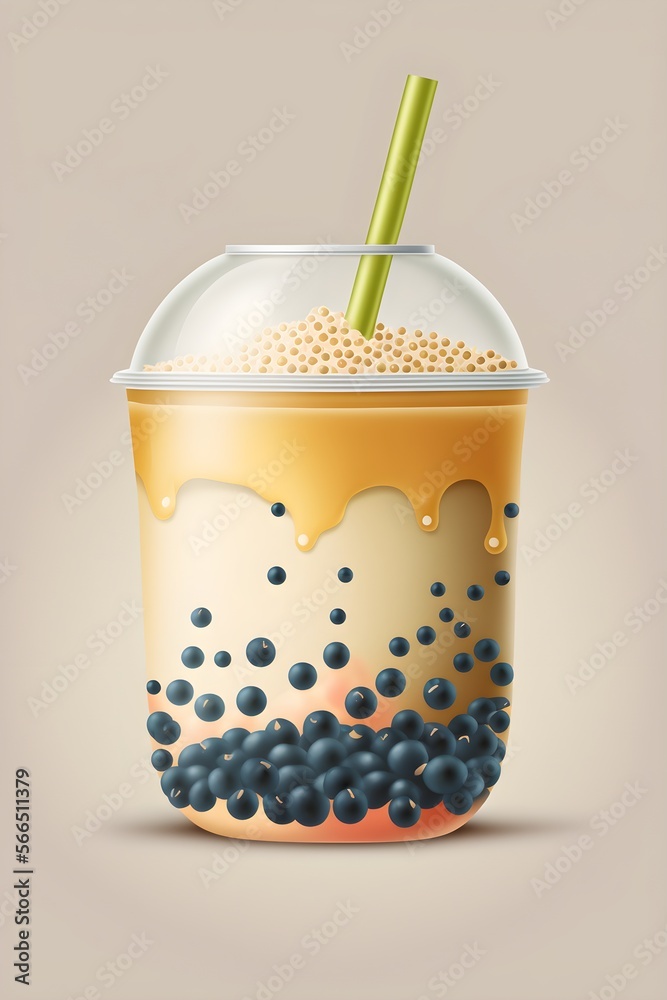 Boba bubble tea coffee glass cup with a style doodle design generative ai  illustration Stock Illustration