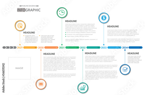 Infographic template for business. 6 Steps modern Circle Timeline diagram presentation vector infographic.	
