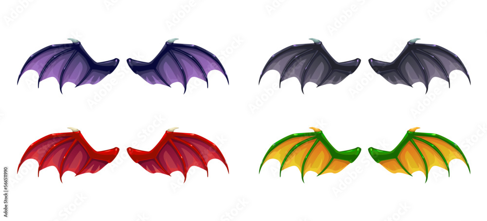Obraz premium Different cartoon dark fantasy wings set, vector