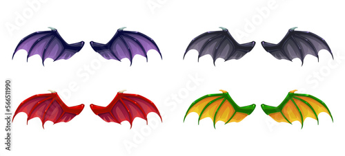 Different cartoon dark fantasy wings set, vector