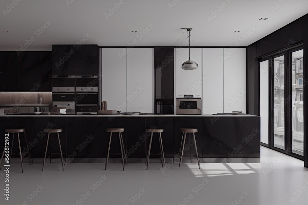 Fototapeta premium Modern Contemporary kitchen room interior. warm tone. Generative AI illustration.