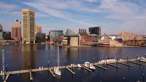  A drone aerial view of Baltimore harbor, Baltimore, Maryland, USA, December 23rd 2021.