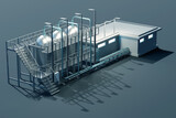 Model of brewery. Factory for production of beer drinks in miniature. Giant steel tanks near industrial building. Stairs around barrels for water treatment. Brewery manufactory. 3d rendering.