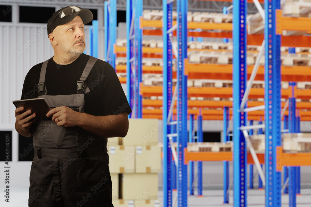 Warehouse agent. Man with tablet in storage building. Warehouse agent looks back. Warehouse supervisor will check availability of goods through tablet. Man agent stands near racks with parcels Warehouse agent. Man with tablet in storage building. Warehouse agent looks back. Warehouse supervisor will check availability of goods through tablet. Man agent stands near racks with parcels