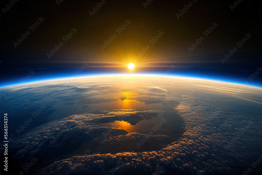 Curvature of planet Earth. Aerial view of blue planet from space. Sunrise over globe land and ocean. Generative AI - obrazy, fototapety, plakaty 