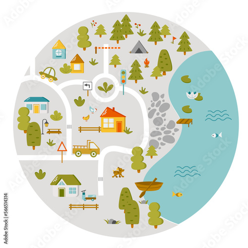 Cute town map for kids room. Landscape with lot details. Vector illustration