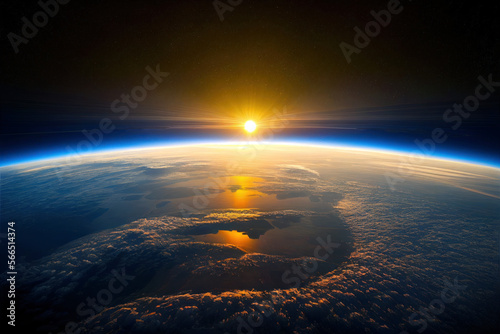 Fototapeta Naklejka Na Ścianę i Meble -  Curvature of planet Earth. Aerial view of blue planet from space. Sunrise over globe land and ocean. Generative AI