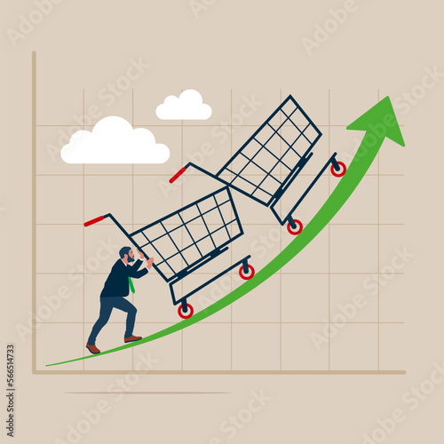 Businessman push role of shopping cart trolley up rising arrow. Increase sales or profit, purchasing power growth. Flat vector illustration.