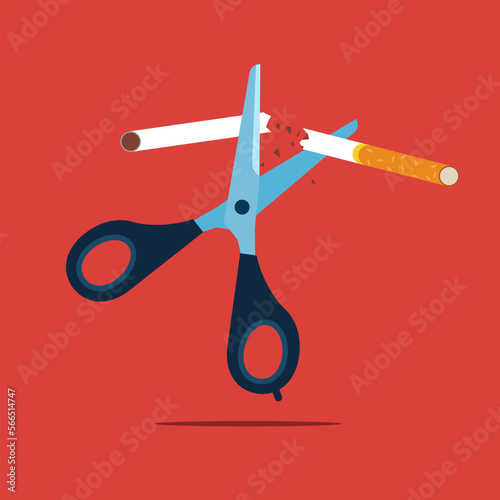 No smoking and cut cigarette out with scissors. Flat style vector illustration. photo