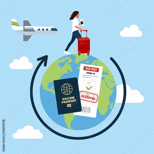 Businesswoman travel with vaccine coronavirus COVID-19 passport. Modern flat vector illustration.