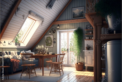 Scandinavian style attic interior living room with dining table and big potted plant