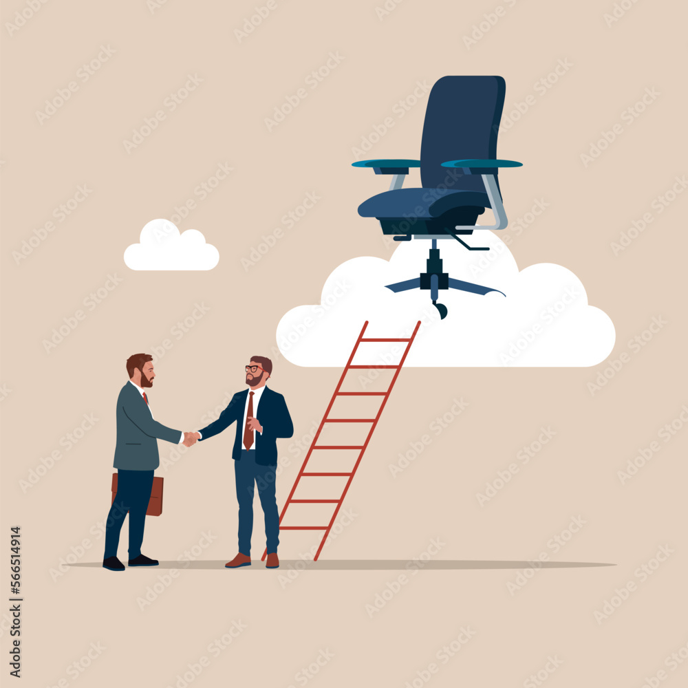 Fototapeta premium Partnership negotiation to make agreement. Career success. Ladder of success. Management office chair on cloud with ladder for talent. Modern flat vector illustration.