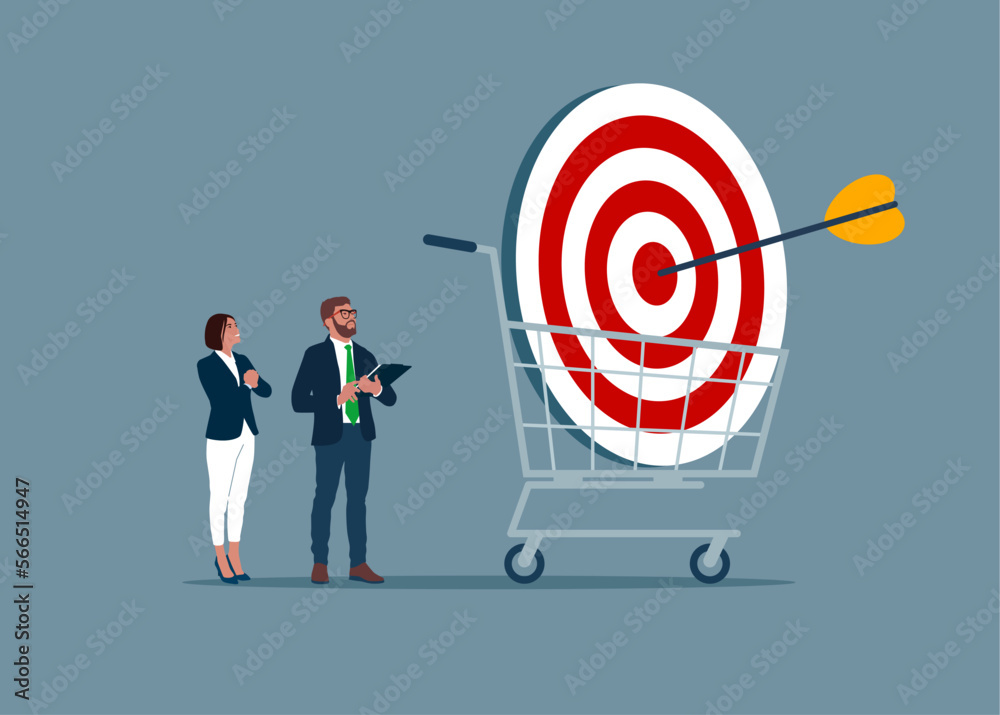 Business people buy goal with shopping cart, bull's eye inside shopping basket. Successful shoot darts target. Flat vector illustration. Business people buy goal with shopping cart, bull's eye inside shopping basket. Successful shoot darts target. Flat vector illustration.