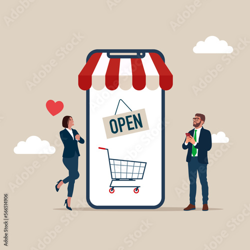 Business people the open sign on mobile website online store waiting to buy retail products. Open online shop or store website for e-commerce.  Modern vector illustration in flat style