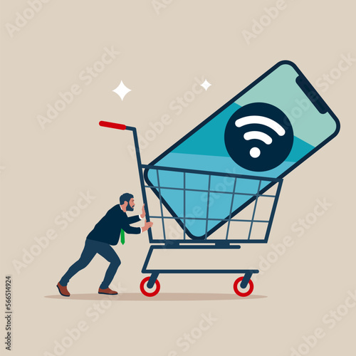 Businessman using mobile e-commerce app with big wifi sign in shopping cart trolley. App or website e-commerce website easy to buy and purchase products. Modern vector illustration in flat style