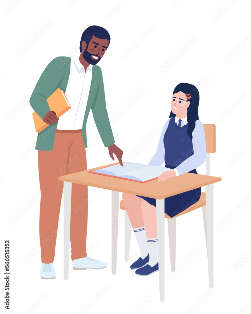 Obraz premium Male teacher explaining part in book to pupil semi flat color vector characters. Editable figures. Full body people on white. Simple cartoon style illustration for web graphic design and animation