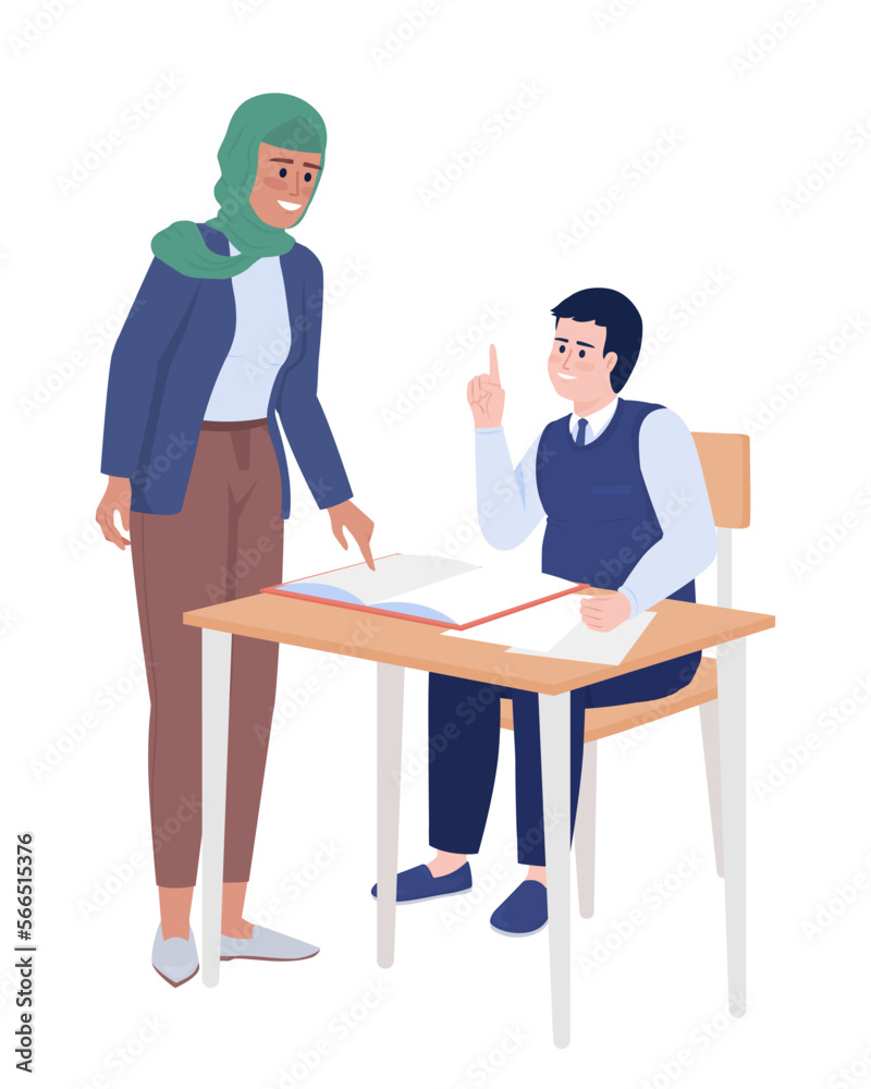 Female teacher exchanging thoughts with student semi flat color vector characters. Editable figures. Full body people on white. Simple cartoon style illustration for web graphic design and animation Female teacher exchanging thoughts with student semi flat color vector characters. Editable figures. Full body people on white. Simple cartoon style illustration for web graphic design and animation