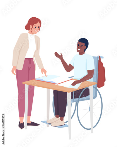 Female teacher listening to male student semi flat color vector characters. Editable figures. Full body people on white. Simple cartoon style illustration for web graphic design and animation