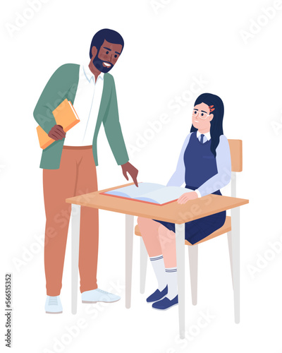 Male teacher explaining part in book to pupil semi flat color vector characters. Editable figures. Full body people on white. Simple cartoon style illustration for web graphic design and animation