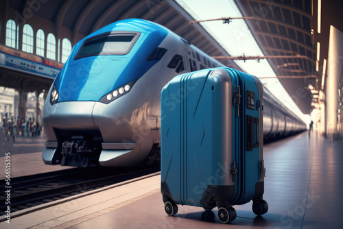 A blue suitcase stands on the platform near the train.travel concept.Generative AI.