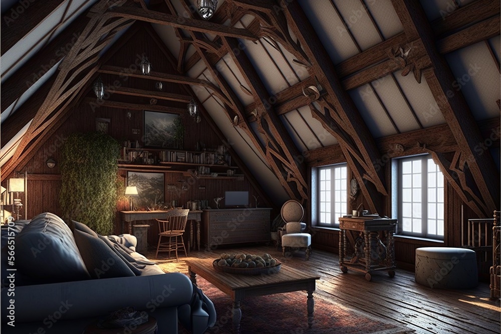 Country style attic interior living room made of natural wood with furnitures