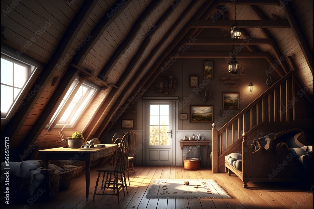 Country style attic interior living room made of natural wood with a door