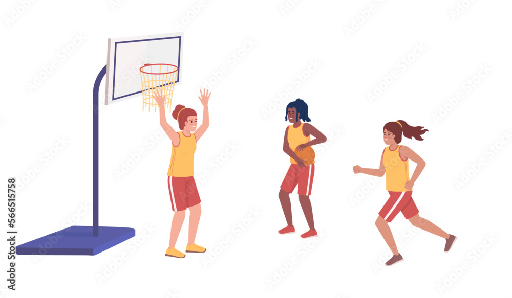 Fototapeta premium Sporty girls playing basketball together semi flat color vector characters. Editable figures. Full body people on white. Simple cartoon style illustration for web graphic design and animation