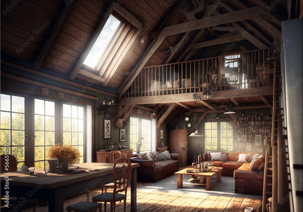 Country style attic interior living room made of natural wood with gallery