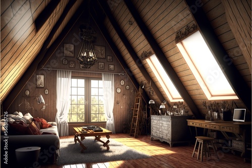 Country style attic interior living room made of natural wood with dresser and coffe table © Csaba