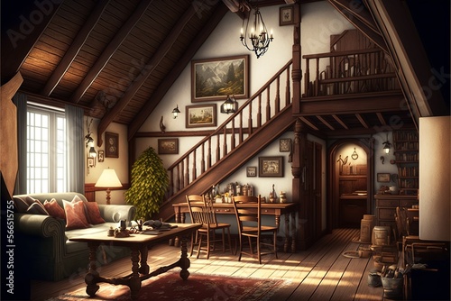 Country style attic interior living room made of natural wood with couch and coffe table