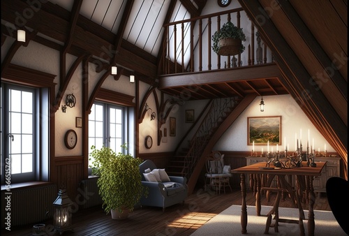 Country style attic interior living room made of natural wood with potted plant © Csaba