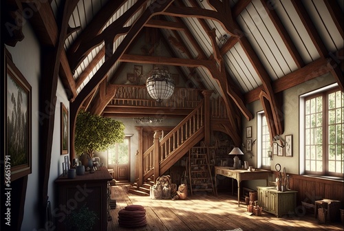 Country style attic interior living room made of natural wood with desk