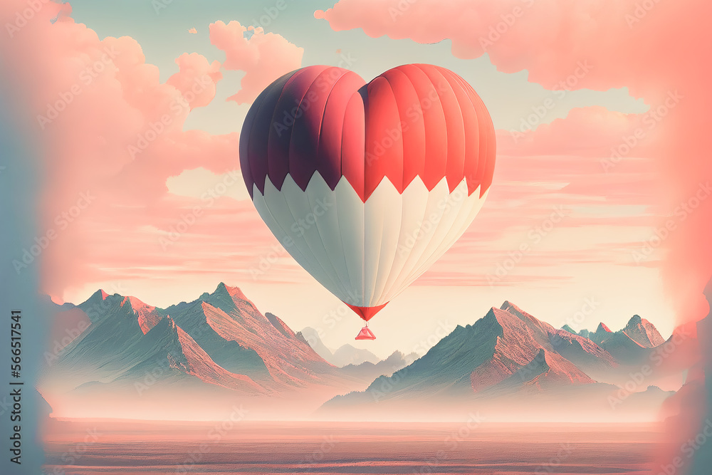 Fototapeta premium Beautiful air balloon heart shape against pink pastel sky in a sunny bright morning. Valentine Day. Generative AI